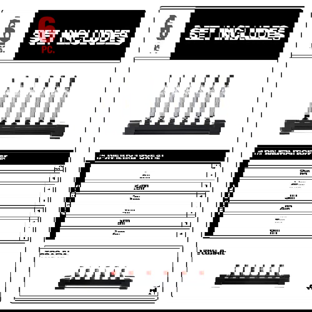 Hex & Torx Bit Socket Sets; Set Type: Hex Bit ; Drive Size: 1/4 ; Minimum Set Hex Size (Metric): 2.0 ; Finish: Chrome ; Maximum Set Hex Size (Metric): 6 ; Measurement Type: Hex